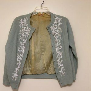 Vintage Majestic Light Blue White Beaded Wool Cardigan Sweater Majestic Small